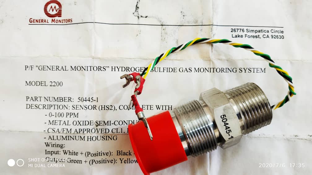 تصویر سنسور گاز H2S  GENERAL MONITOR 100ppm با کد فنی 1-50445